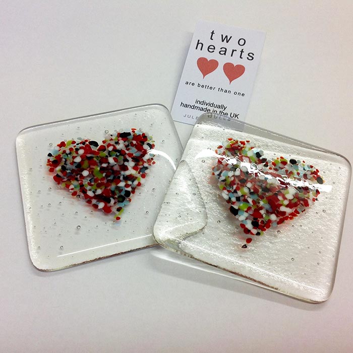Handmade glass heart coasters