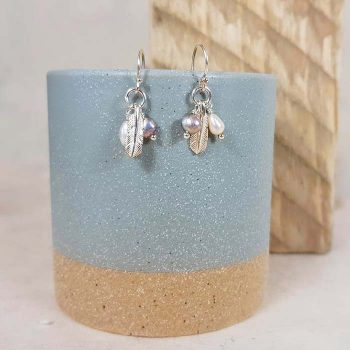 Silver Feather and Pearl Cluster Earrings