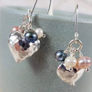 Silver heart and pearl earrings