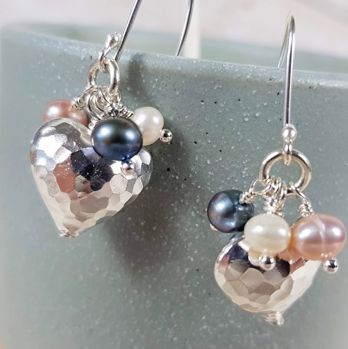 Silver heart and pearl earrings