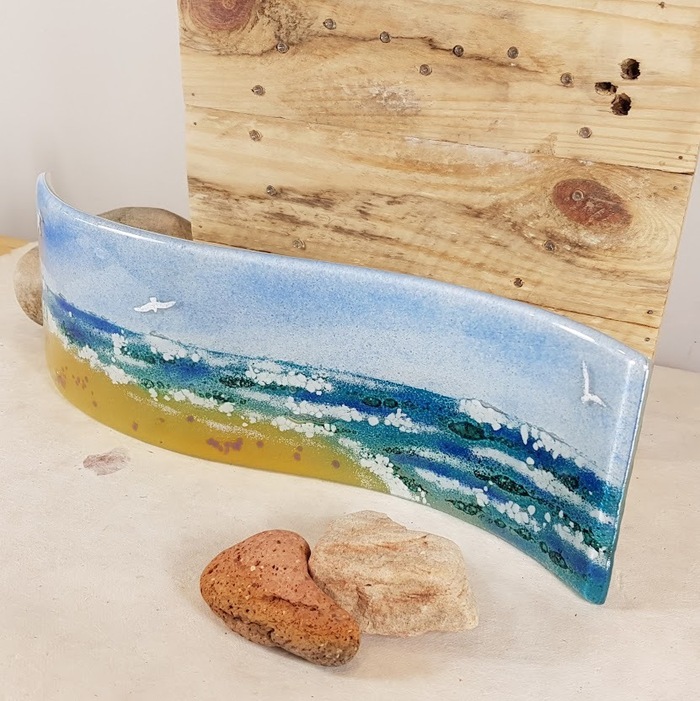 FUSED GLASS SEASCAPE AND GULLS PANEL