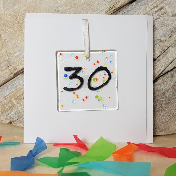 30th Celebration Fused Glass Decoration in a Card,