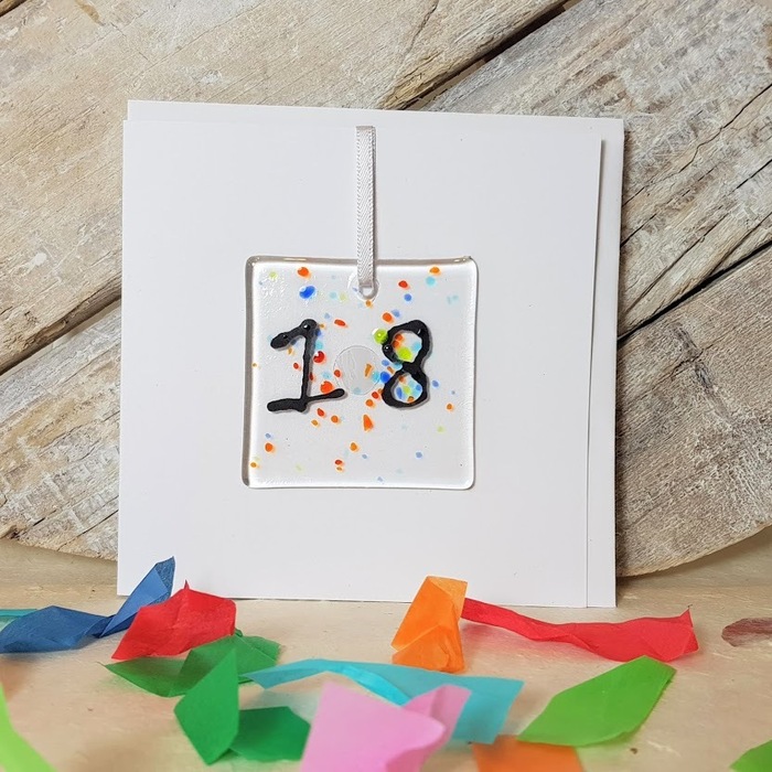 18th Celebration Fused Glass Decoration in a Card,