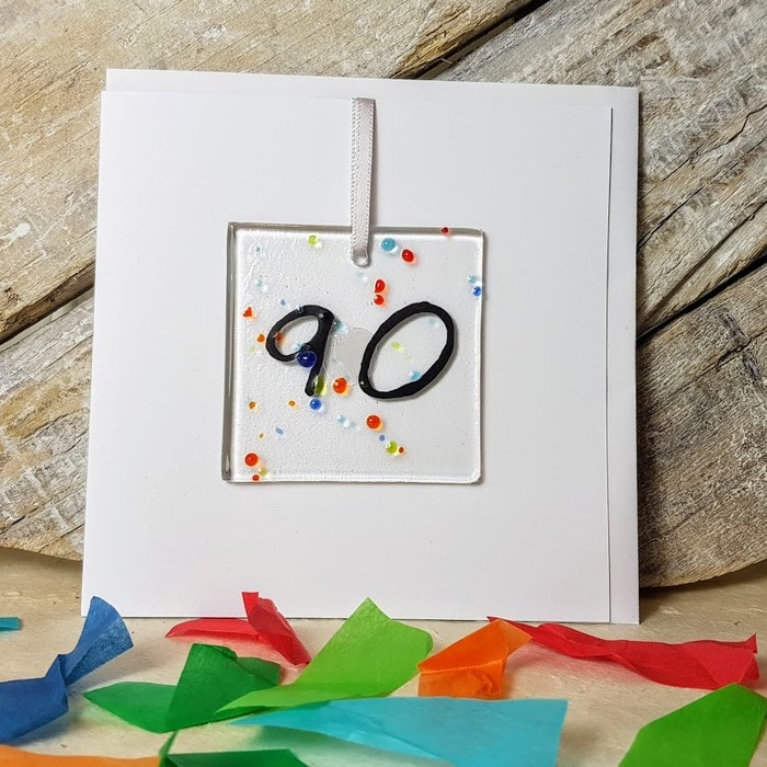 90th Celebration Fused Glass Decoration in a Card