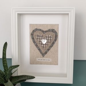 HARRIS TWEED HEART PICTURE…ALL YOU NEED IS LOVE MIXED BLUE GREY