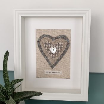 HARRIS TWEED HEART PICTURE...ALL YOU NEED IS LOVE MIXED BLUE GREY