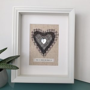 HARRIS TWEED HEART PICTURE…HOME IS WHERE THE HEART IS GREY HOUNDSTOOTH DES 1