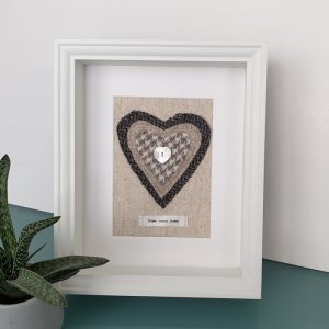 HARRIS TWEED HEART PICTURE…HOME SWEET HOME CHARCOAL DES 2