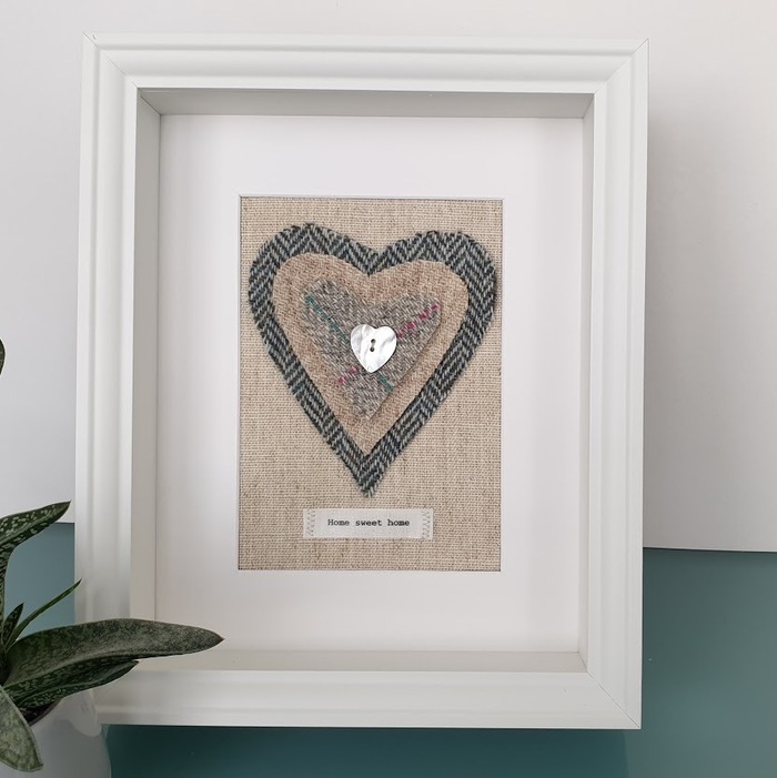HARRIS TWEED HEART PICTURE…HOME SWEET HOME PALE GREEN AND GREY