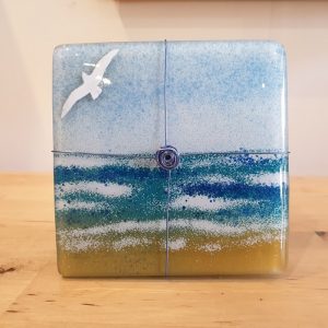 SET OF 4 GLASS COASTERS BIRDS BY THE BEACH