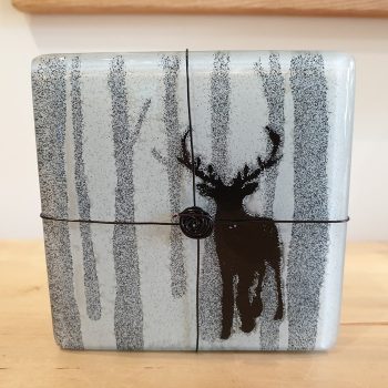 SET OF FOUR FUSED GLASS COASTERS STAG IN THE FOREST