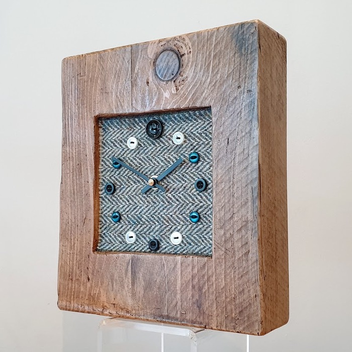 RUSTIC WOODEN CLOCK WITH HARRIS TWEED FACE DETAIL