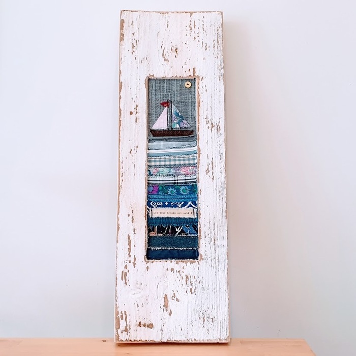 WOODEN FRAME WITH SEASCAPE FABRIC APPLIQUE