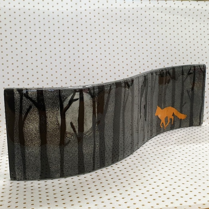 FUSED GLASS CURVED PANEL FOX IN THE FOREST