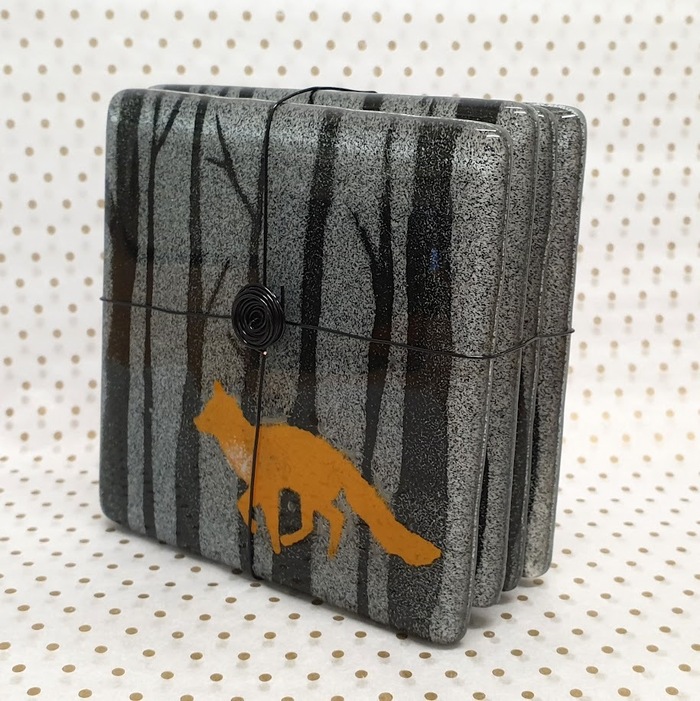 SET OF 4 FUSED GLASS COASTERS FOX DETAIL