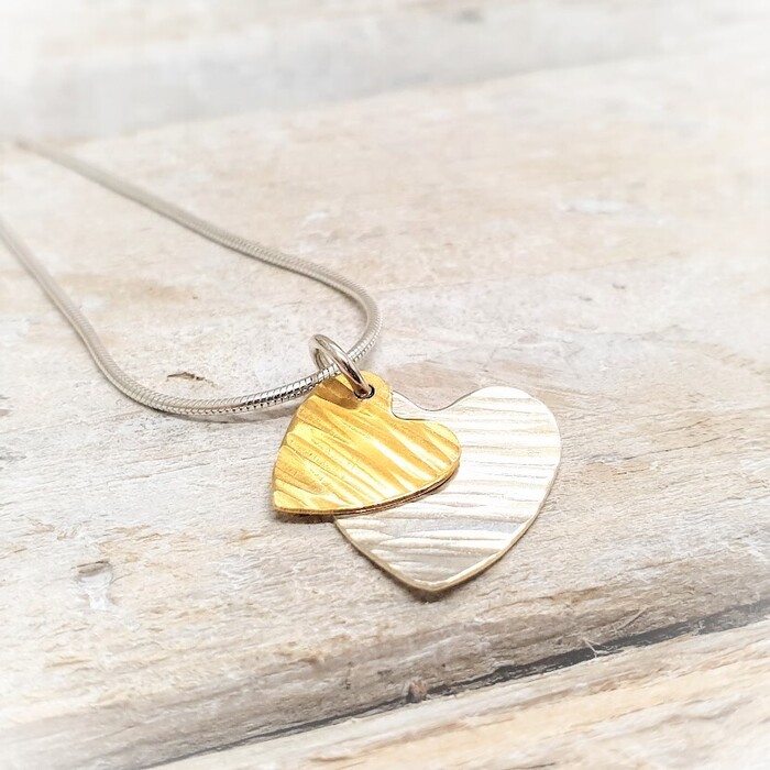 DOUBLE HEART PENDANT SILVER AND GOLD VERMEIL DETAIL