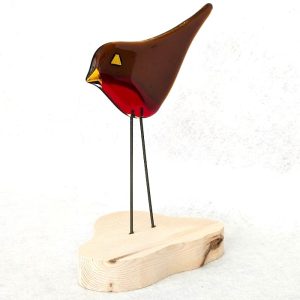 GLASS ROBIN ON WOODEN STAND 1