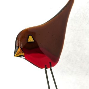 GLASS ROBIN ON WOODEN STAND 2