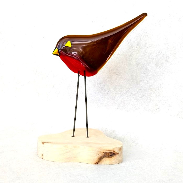 GLASS ROBIN ON WOODEN STAND