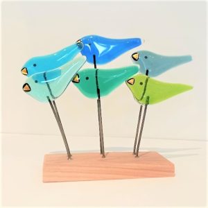 FUSED GLASS BIRDS ON WOODEN STAND