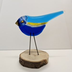 BLUE FUSED GLASS BIRD ON STAND