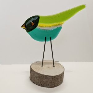 GREEN FUSED GLASS BIRD ON STAND