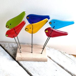 MULTI COLOURED FUSED GLASS BIRDS ON WOODEN STAND